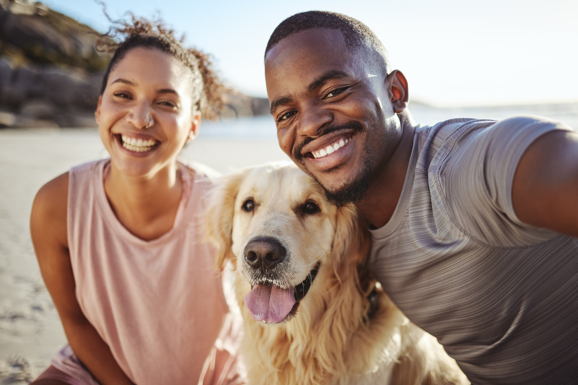 Summer, couple and dog on beach selfie in Canada sun with happiness, love and care for pet. Black p